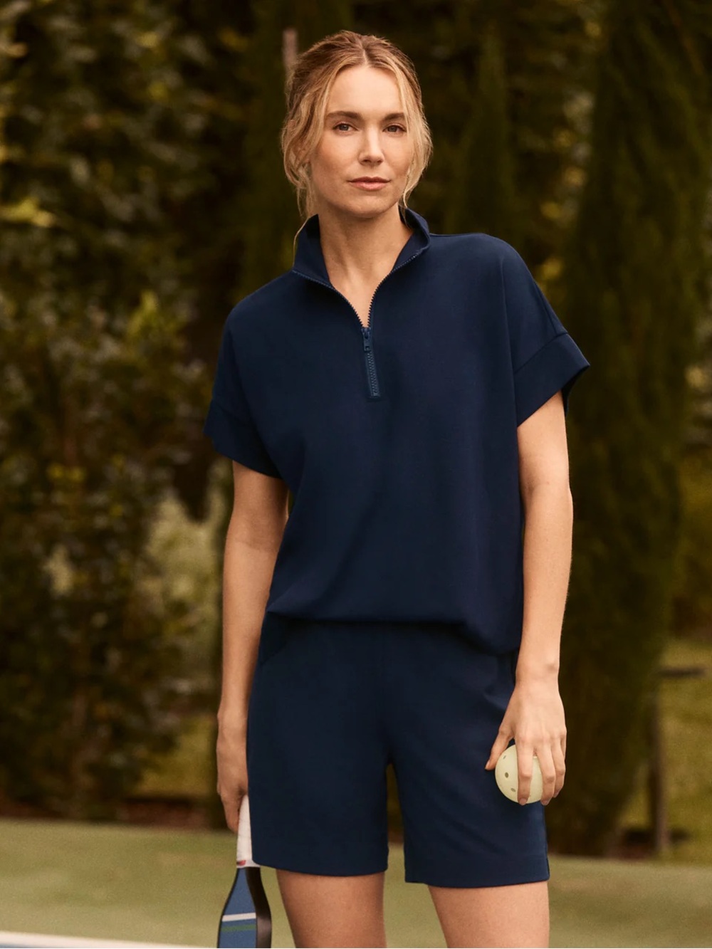 CAbi Navy Short-Sleeve Zip-Neck Romper CENTERLINE ROMPER MEDIUM NEW